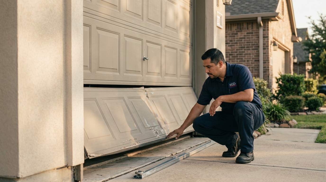 Technician repairing garage door off track