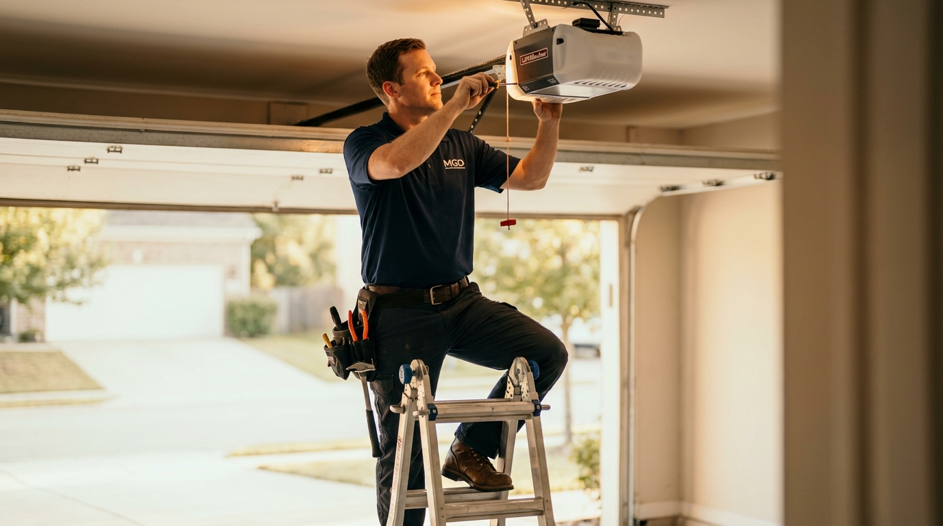 Technician diagnosing garage door opener
